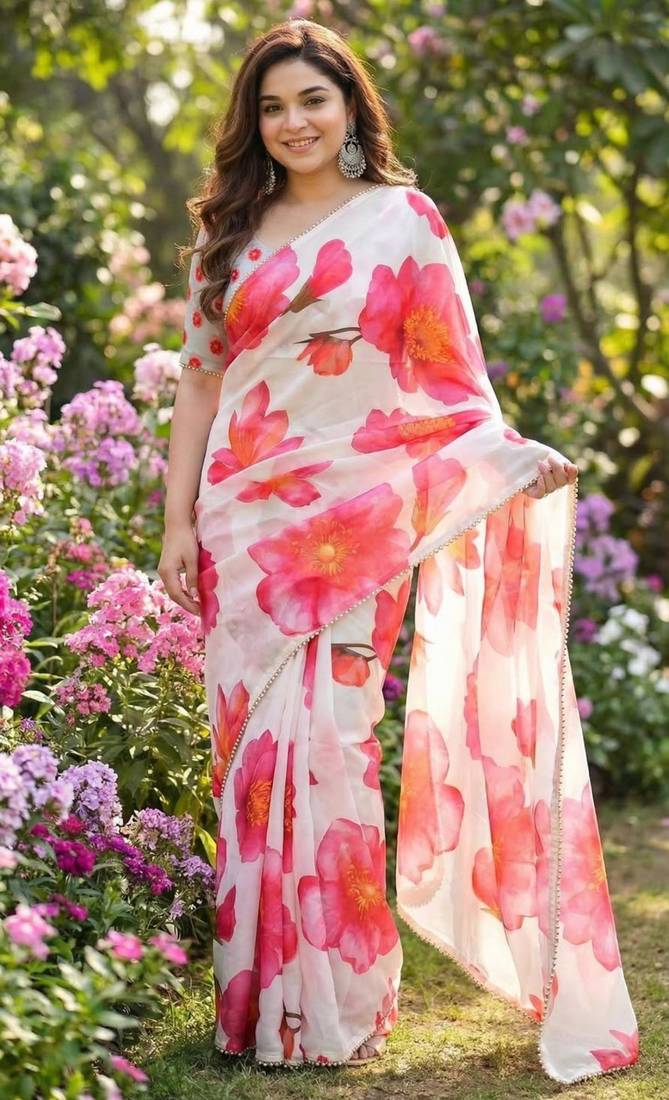 White georgette floral print printed saree