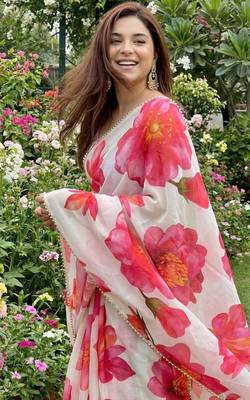 White georgette floral print printed saree 2