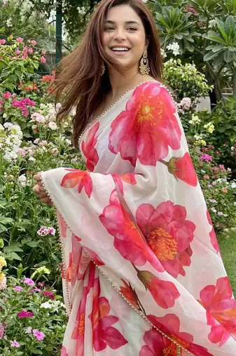 White georgette floral print printed saree