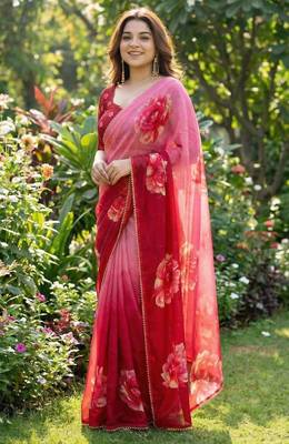 Pink georgette floral print printed saree 1