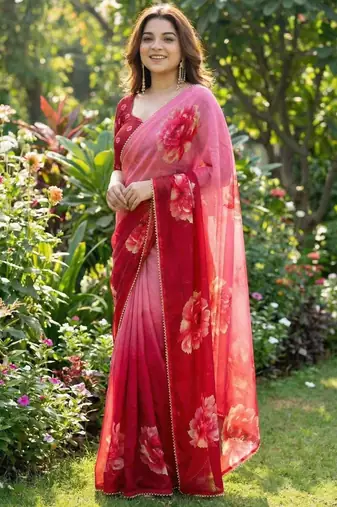 Pink georgette floral print printed saree