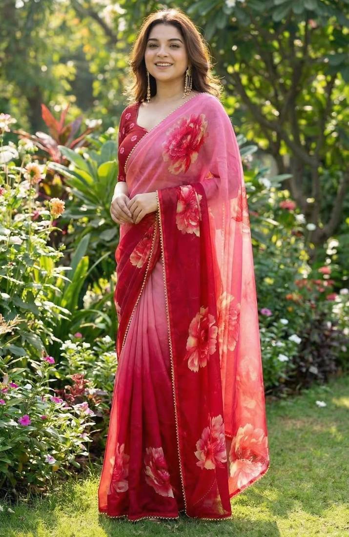 Pink georgette floral print printed saree