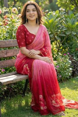 Pink georgette floral print printed saree 2