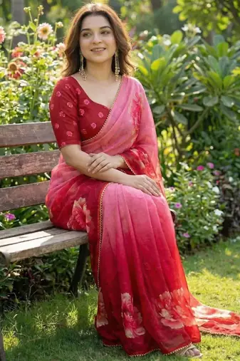 Pink georgette floral print printed saree