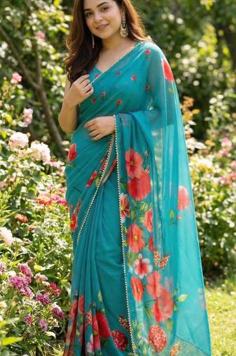 Teal georgette floral print printed saree