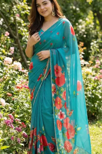 Teal georgette floral print printed saree