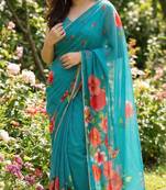 Teal georgette floral print printed saree