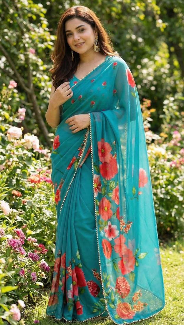 Teal georgette floral print printed saree