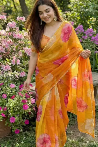 Yellow georgette floral print printed saree