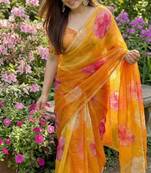 Yellow georgette floral print printed saree