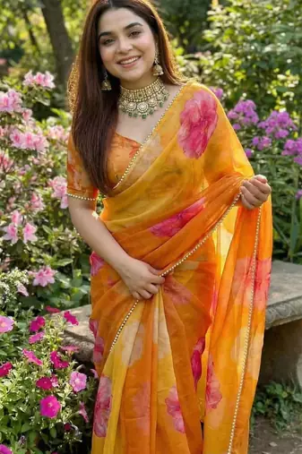 Yellow georgette floral print printed saree