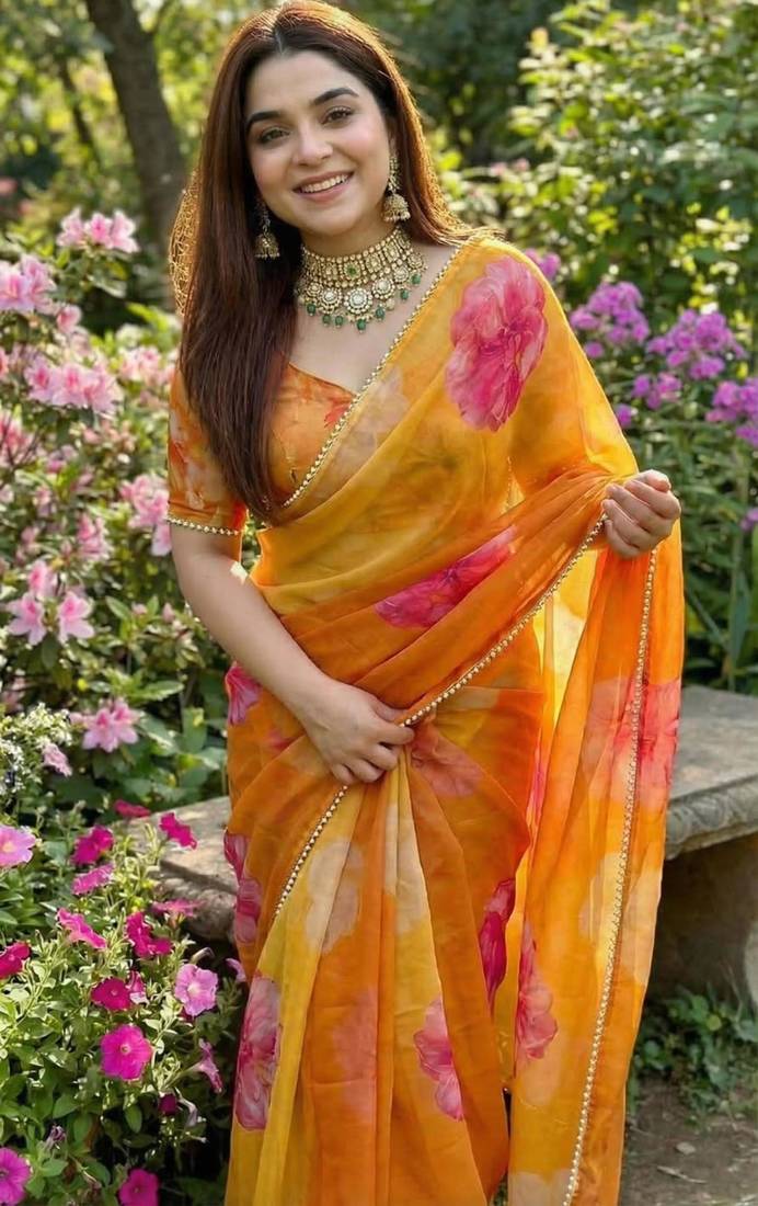 Yellow georgette floral print printed saree