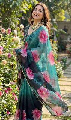 Dark green georgette floral print printed saree 1