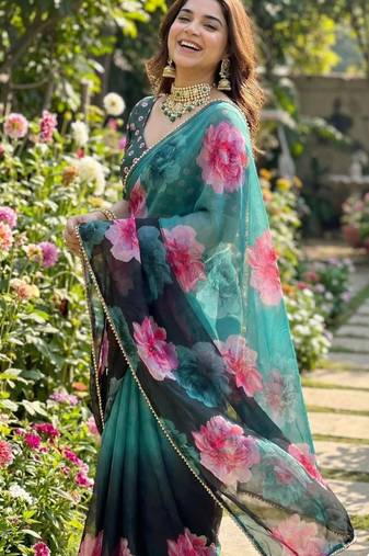 Dark green georgette floral print printed saree