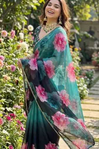 Dark green georgette floral print printed saree