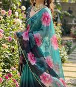 Dark green georgette floral print printed saree