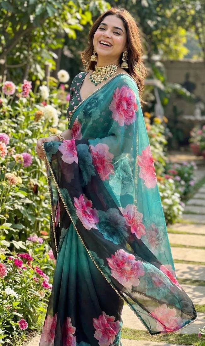 Dark green georgette floral print printed saree
