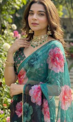 Dark green georgette floral print printed saree 2
