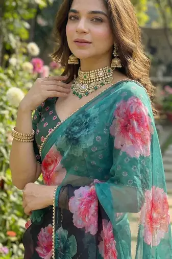 Dark green georgette floral print printed saree