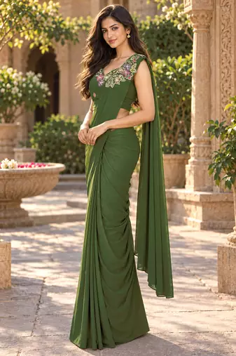 Women   s Georgette Floral Sequence With Embroidery Patch Ready to Wear Saree/Embroidered Stitched Sleeveless Blouse 