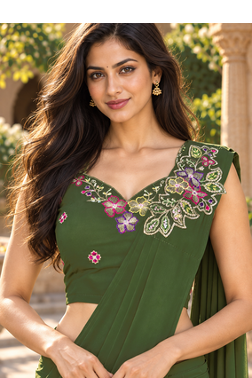 Women   s Georgette Floral Sequence With Embroidery Patch Ready to Wear Saree/Embroidered Stitched Sleeveless Blouse  4
