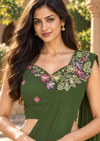 Women   s Georgette Floral Sequence With Embroidery Patch Ready to Wear Saree/Embroidered Stitched Sleeveless Blouse 