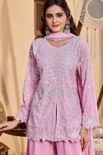 Pink georgette readymade suit with embroidery & sequence work
