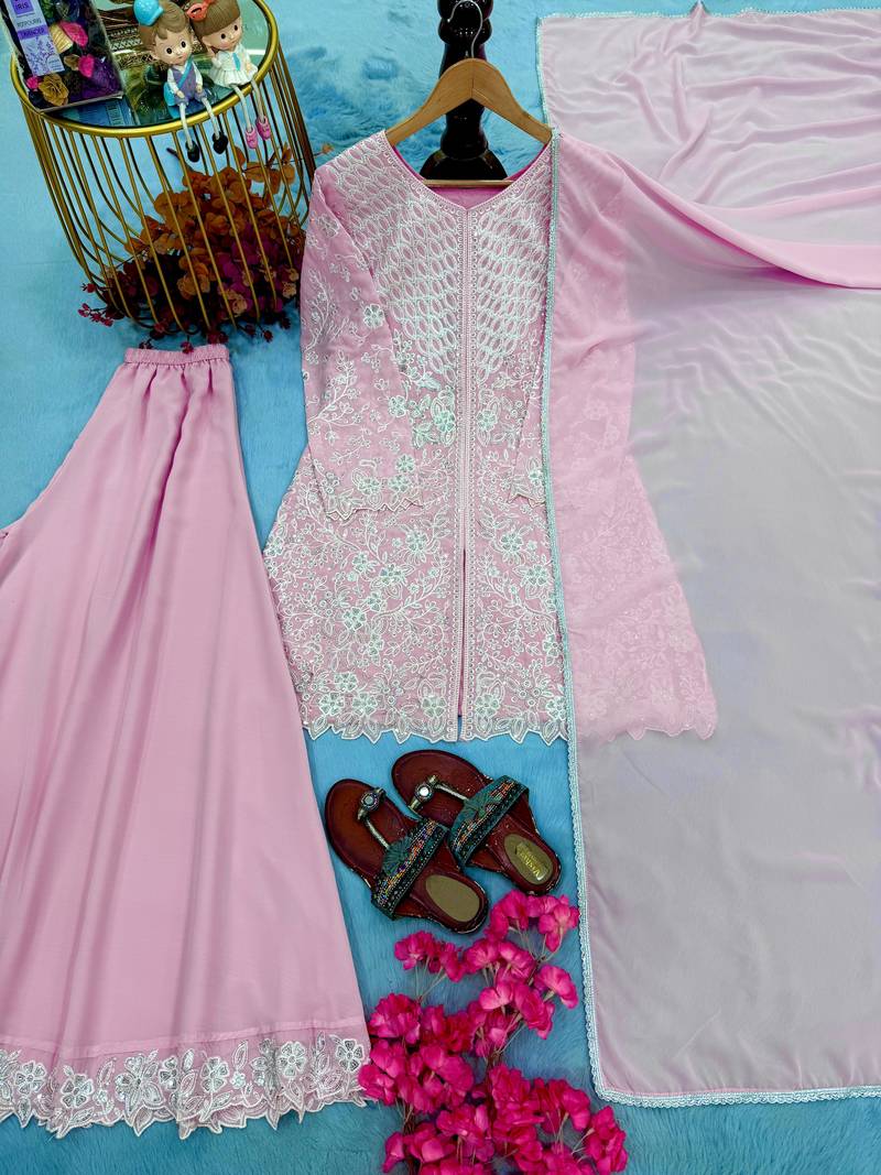 Pink georgette readymade suit with embroidery & sequence work
