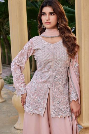 Peach georgette readymade suit with embroidery & sequence work