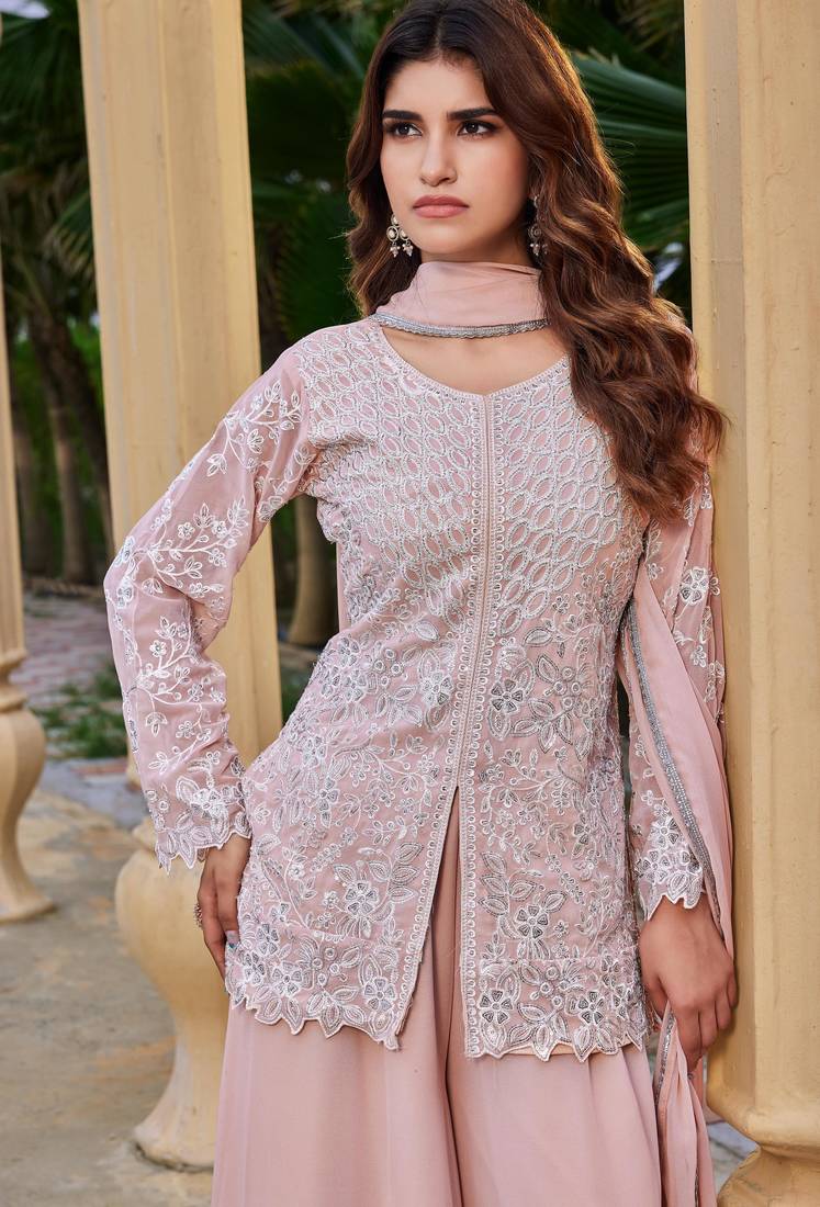 Peach georgette readymade suit with embroidery & sequence work