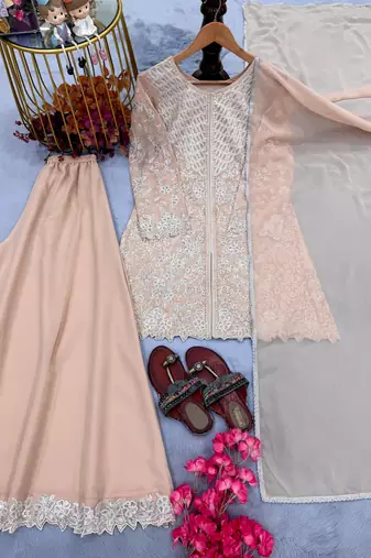 Peach georgette readymade suit with embroidery & sequence work