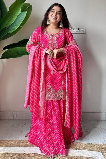 Pink silk blend readymade suit with embroidery & sequence work