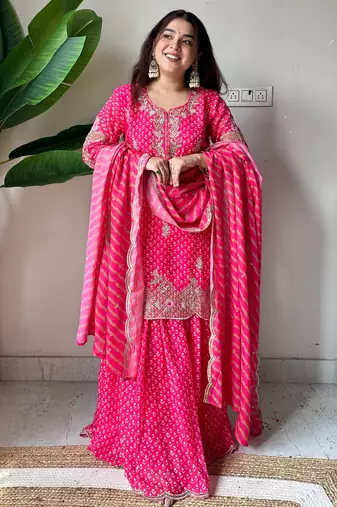Pink silk blend readymade suit with embroidery & sequence work