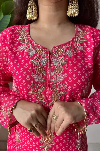 Pink silk blend readymade suit with embroidery & sequence work