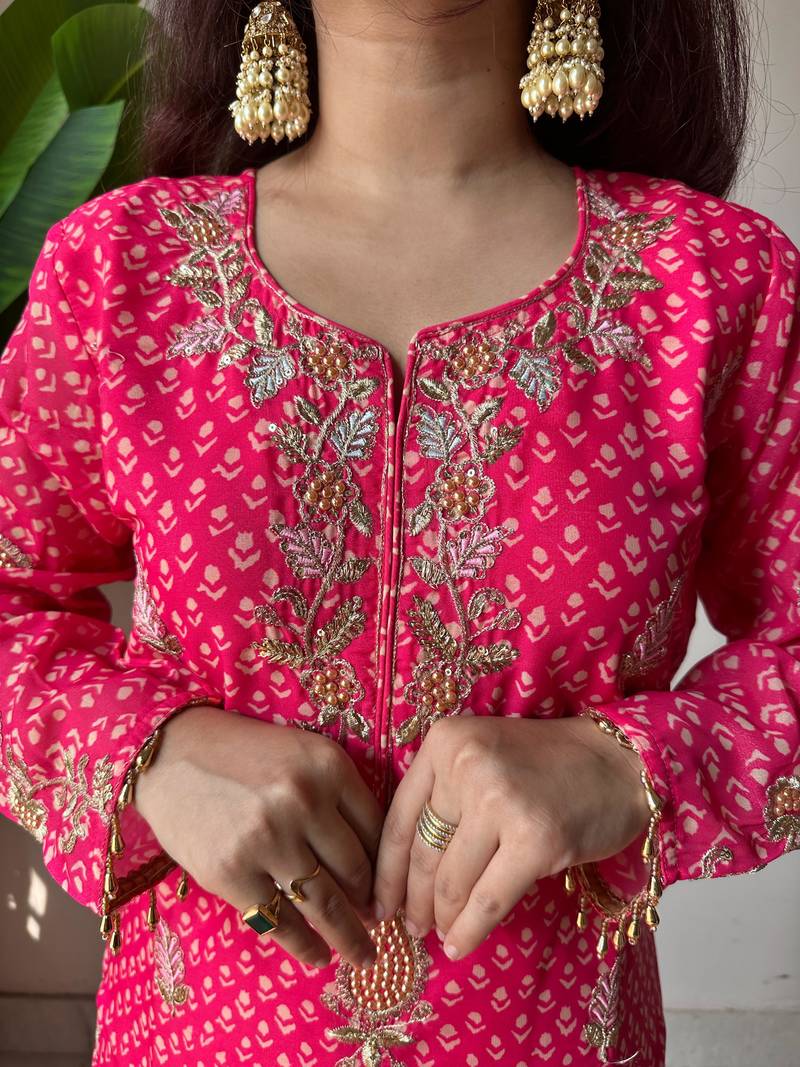 Pink silk blend readymade suit with embroidery & sequence work