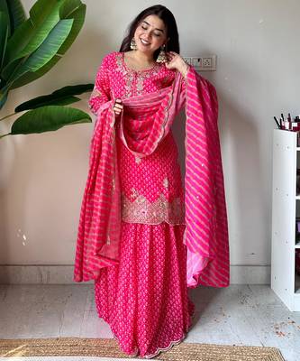 Pink silk blend readymade suit with embroidery & sequence work 3