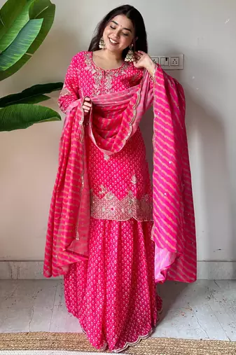 Pink silk blend readymade suit with embroidery & sequence work