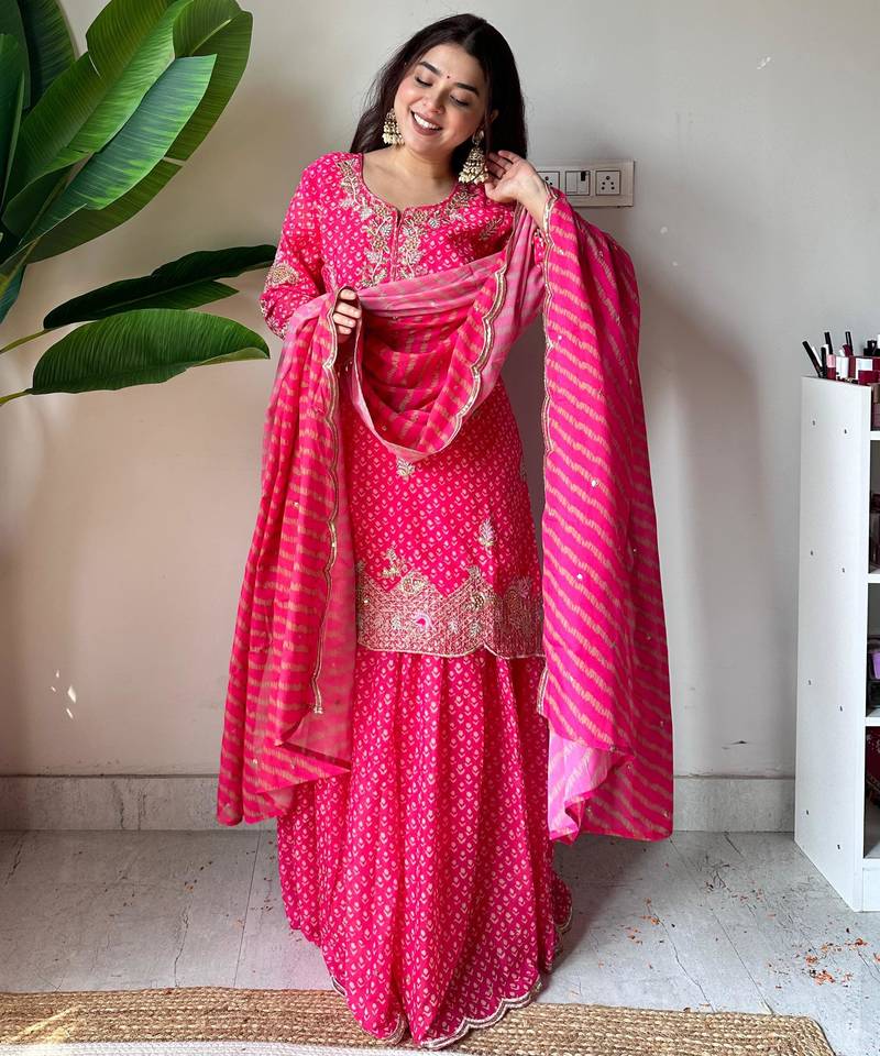 Pink silk blend readymade suit with embroidery & sequence work