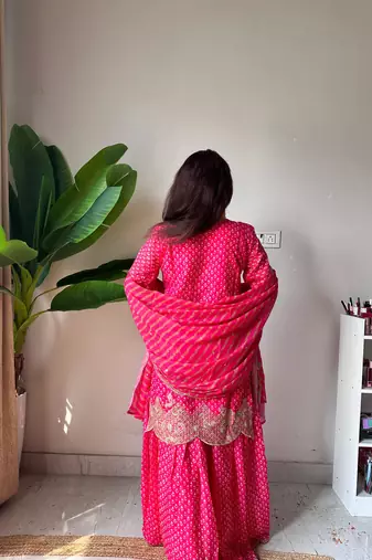 Pink silk blend readymade suit with embroidery & sequence work