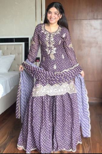 Purple silk blend readymade suit with embroidery & sequence work