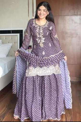 Purple silk blend readymade suit with embroidery & sequence work