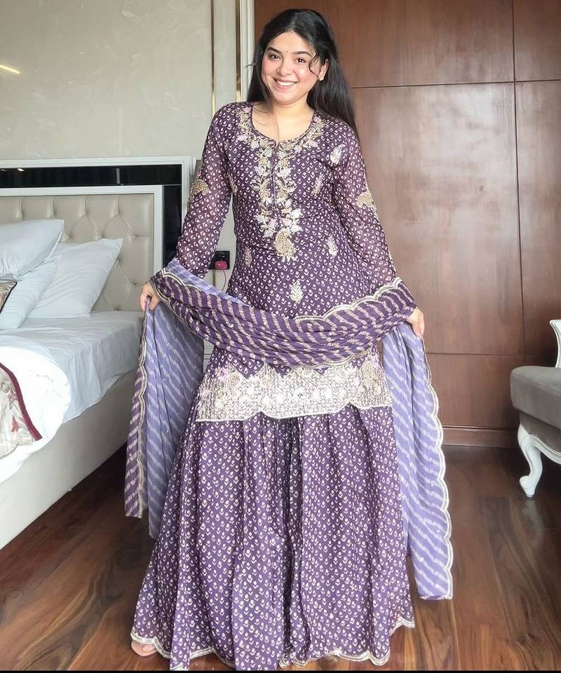 Purple silk blend readymade suit with embroidery & sequence work