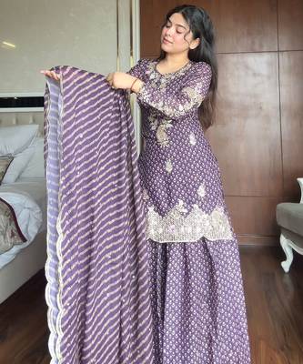 Purple silk blend readymade suit with embroidery & sequence work 2