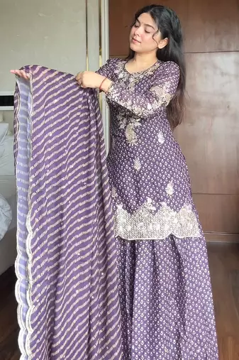 Purple silk blend readymade suit with embroidery & sequence work