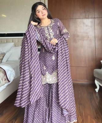 Purple silk blend readymade suit with embroidery & sequence work 3