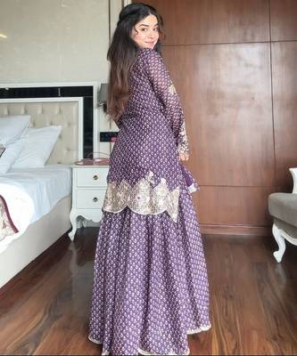 Purple silk blend readymade suit with embroidery & sequence work 4