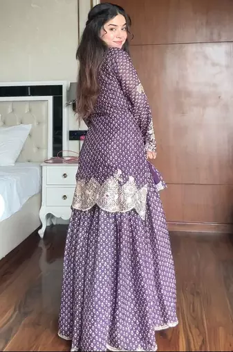 Purple silk blend readymade suit with embroidery & sequence work