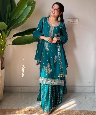Teal georgette readymade suit with embroidery & sequence work 1