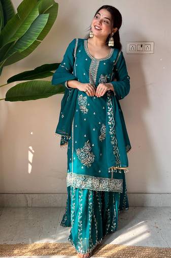 Teal georgette readymade suit with embroidery & sequence work