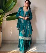 Teal georgette readymade suit with embroidery & sequence work